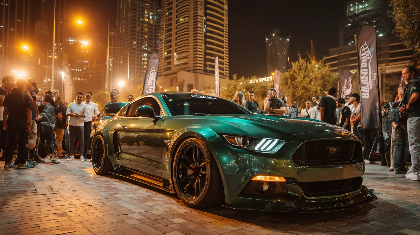 Automotive brand activation Dubai DVIBES car event widebody Mustang crowd