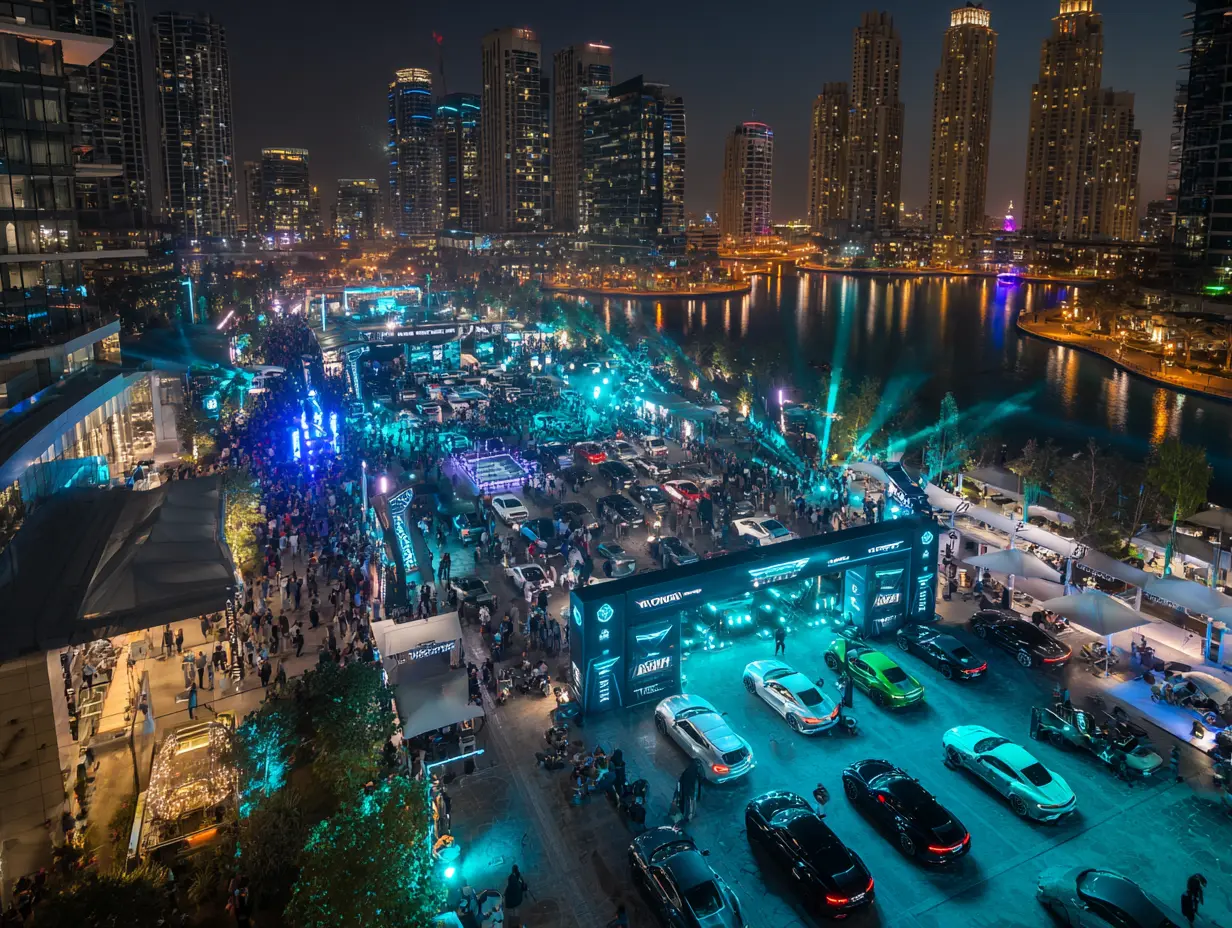 Brand activation scale Dubai aerial car event waterfront hundreds attendees