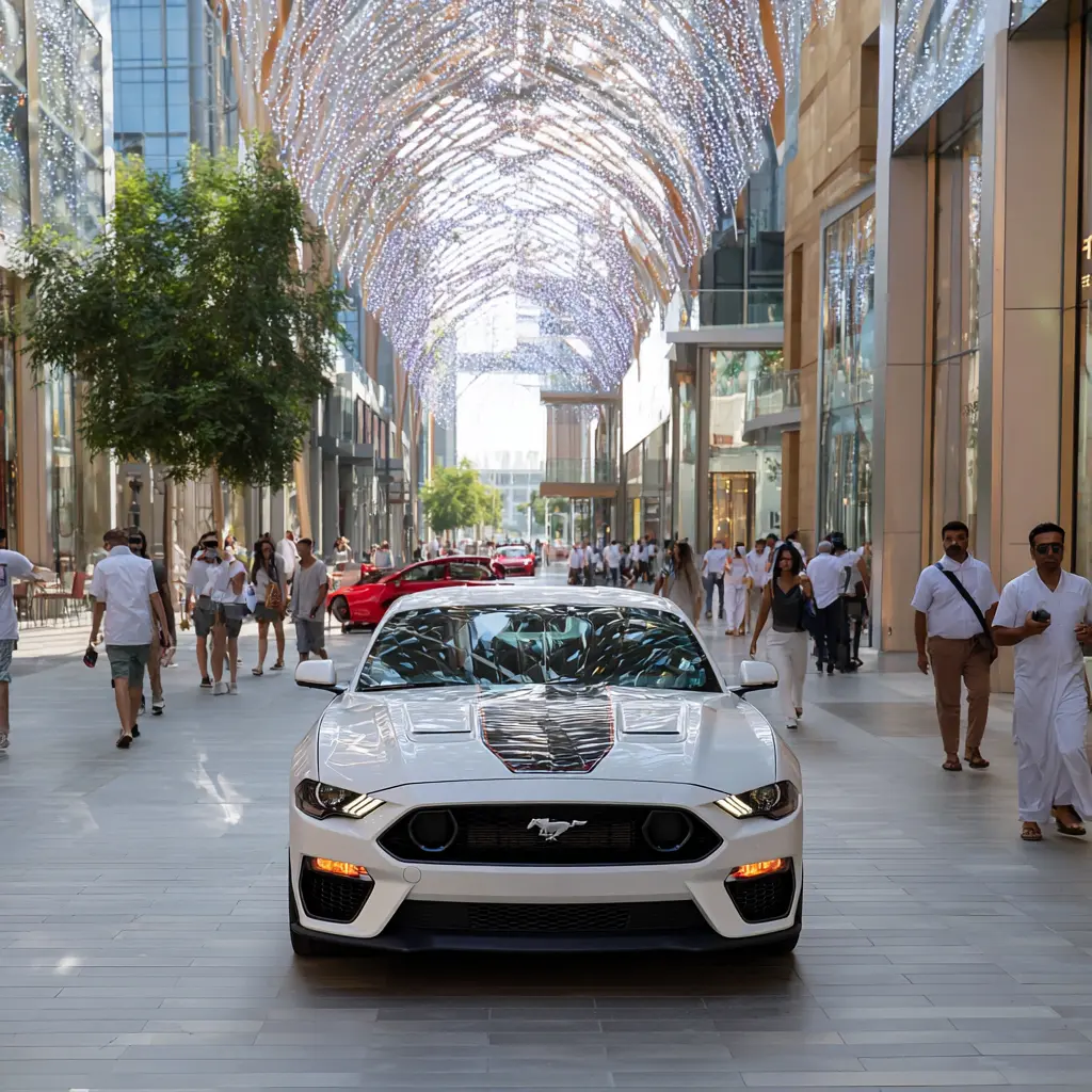 Mall car display Dubai walkway Mustang GT with shoppers