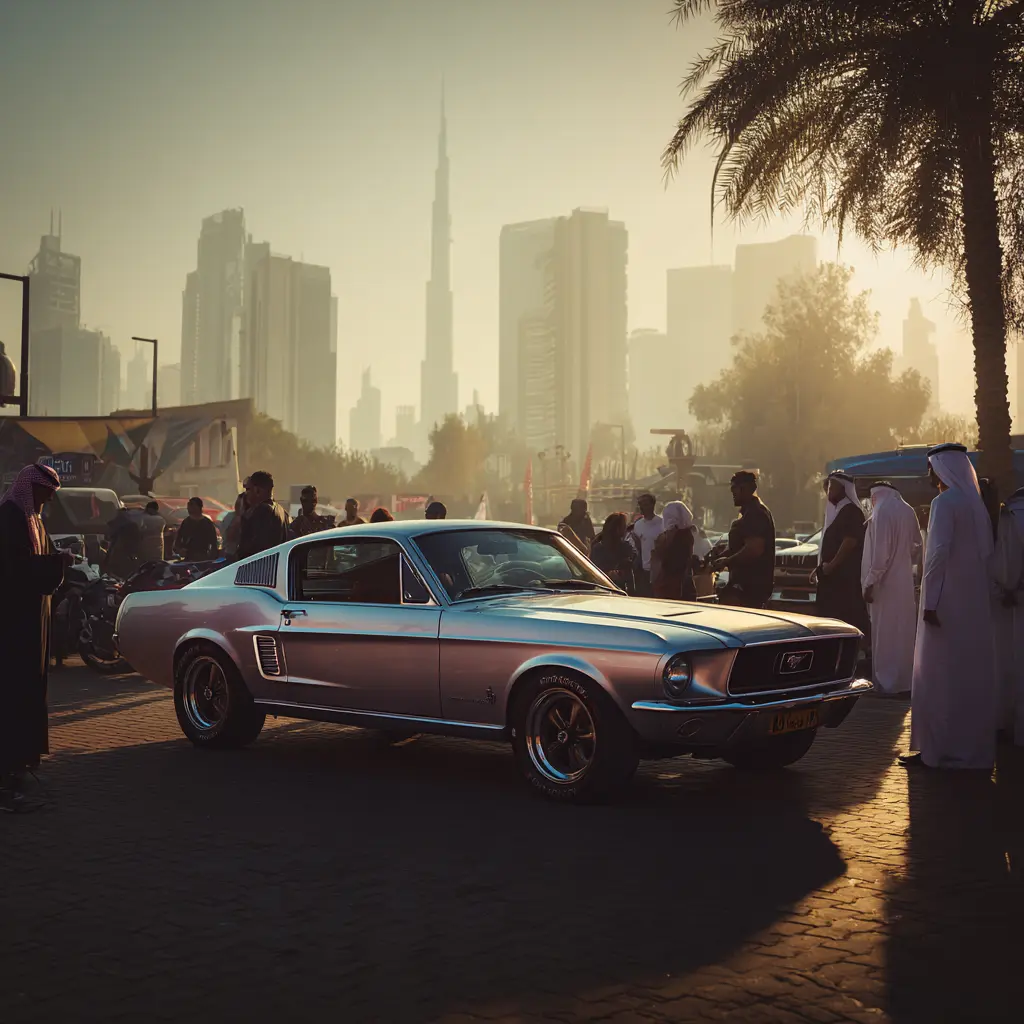 Car event services Dubai golden hour Mustang Burj Khalifa crowd