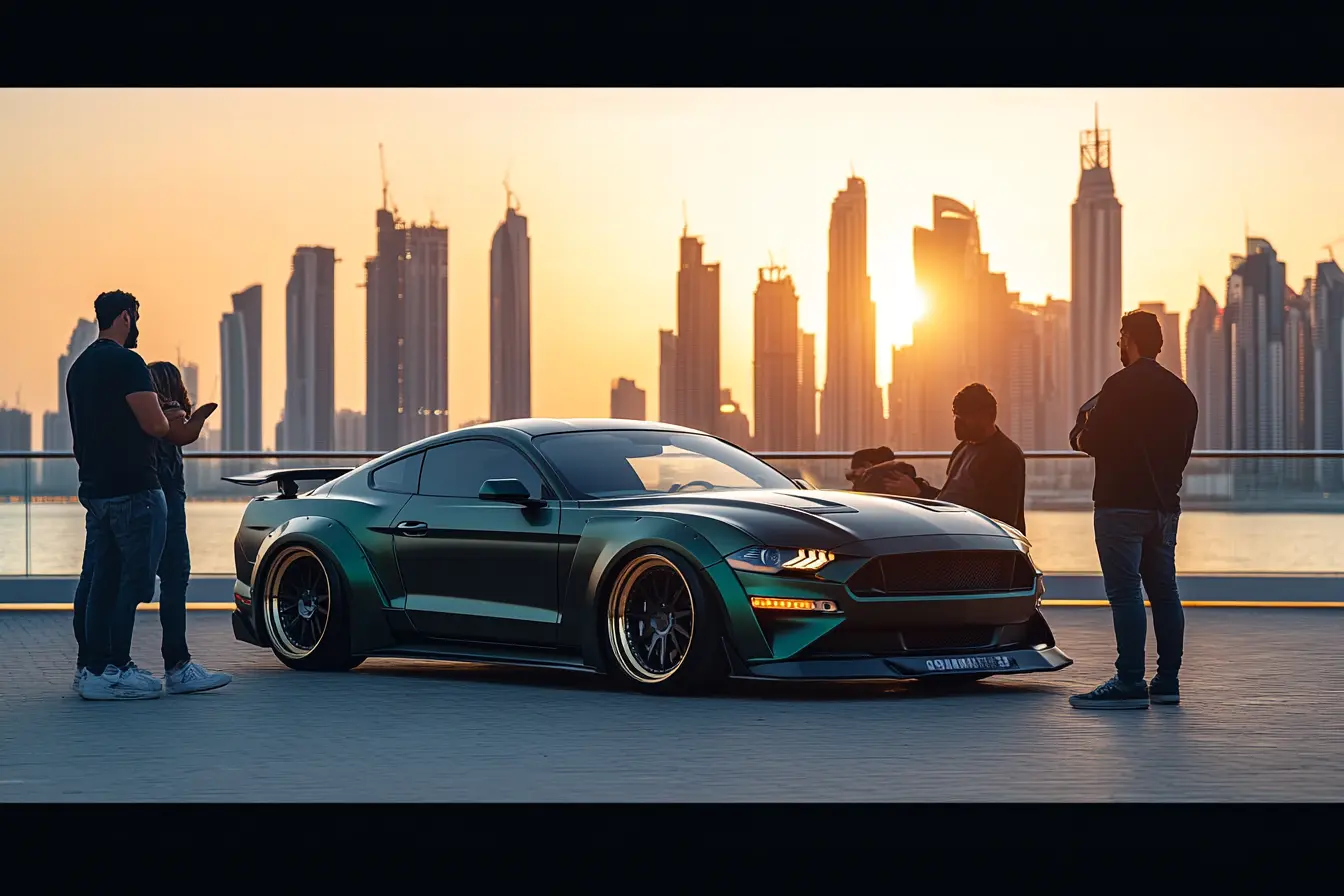 Car meet Dubai — DVIBES community gathering golden hour Dubai skyline