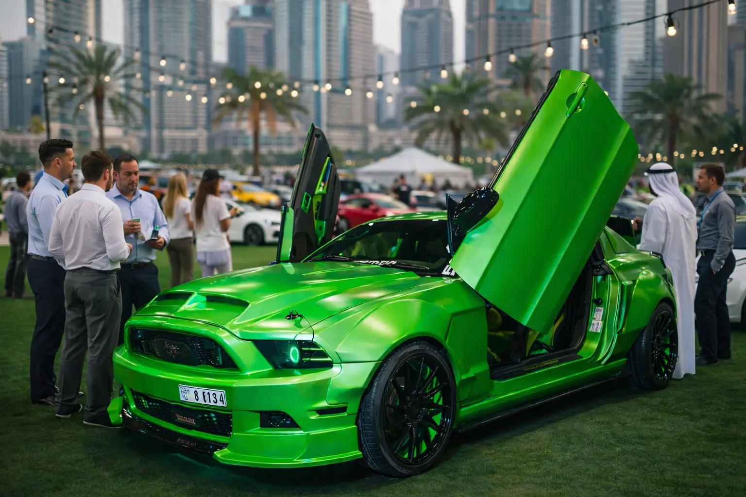 Corporate car event Dubai — GREENWOLF widebody Mustang with Lambo doors at DVIBES outdoor event