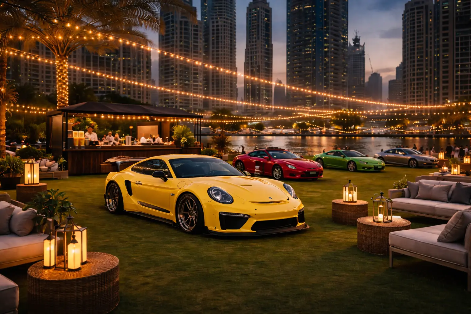 Corporate car event Dubai venue setup — multi-car display ready for team arrival