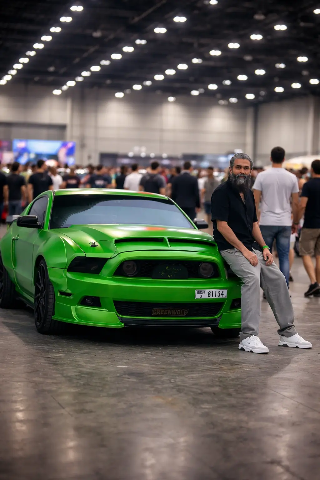 DVIBES founder Dilbar with GREENWOLF widebody Mustang at Dubai car meet