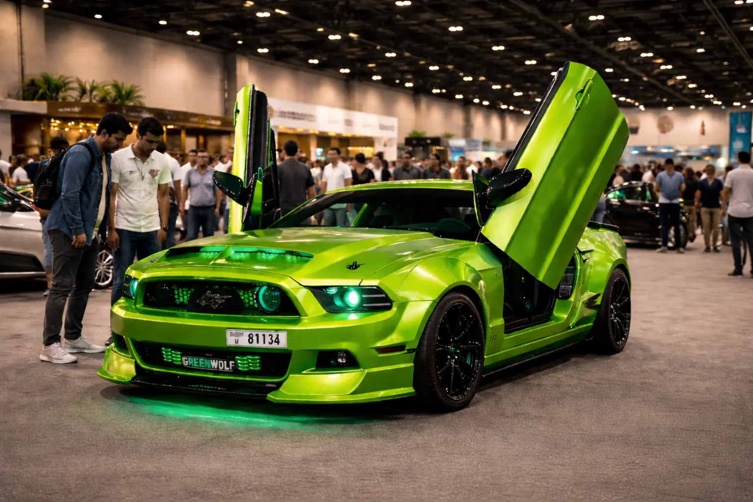 Car events Dubai 2026 — GREENWOLF widebody Mustang at Dubai car show with crowd