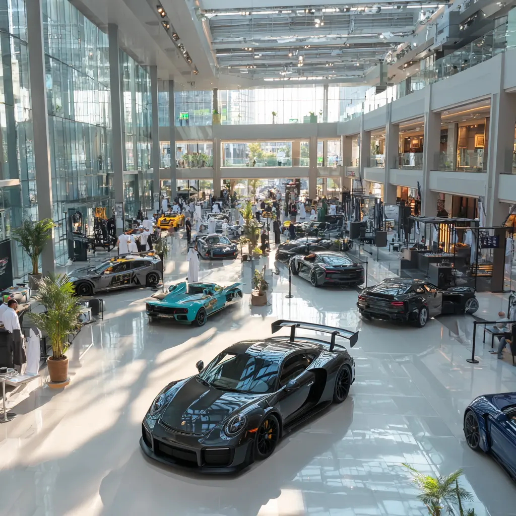Multiple supercars mall car display Dubai atrium supercar exhibition